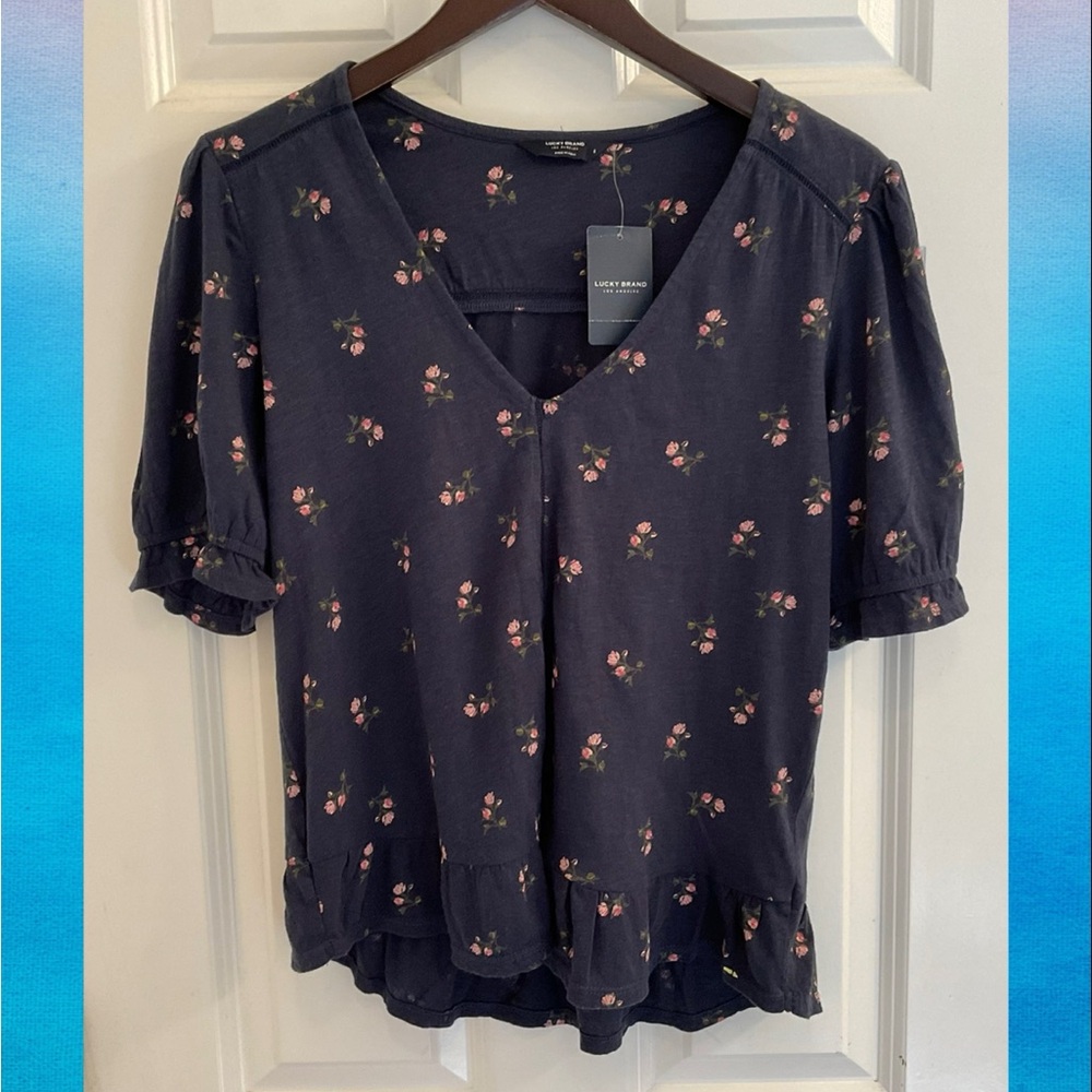 Lucky Brand Floral Ruffle Short Sleeve Top - NWT - Small - Picture 1 of 10